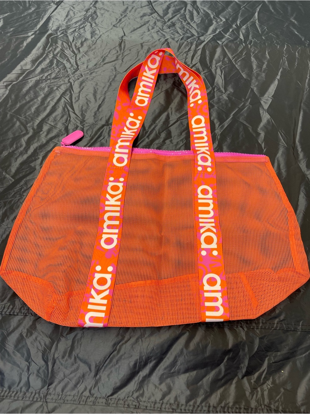 amika Neon Orange Mesh Tote with Pink Trim and Branded Straps